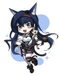  1girl :d animal arknights asymmetrical_legwear black_gloves black_shorts blaze_(arknights) blue_eyes blue_hair blue_tail blush_stickers brown_cat cat chibi commentary_request eyes_visible_through_hair fang gloves grey_cat grey_thighhighs hair_between_eyes hairband highres holding holding_animal infection_monitor_(arknights) jiakongshijie566 long_hair looking_at_viewer open_mouth purple_thighhighs red_hairband shirt shorts simple_background sleeves_pushed_up smile solo sparkle strap tail thigh-highs uneven_legwear white_background white_cat white_shirt 