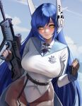  1girl absurdres assault_rifle black_pantyhose blue_hair blue_sailor_collar blue_sky blush bow bowtie breasts bullpup clouds cloudy_sky fingerless_gloves girls_frontline gloves gun headgear highres holding holding_gun holding_magazine_(weapon) holding_weapon iwi_tavor large_breasts lazik_1337 long_hair looking_at_viewer magazine_(weapon) pantyhose rifle sailor_collar sky solo tar-21_(girls&#039;_frontline) trigger_discipline very_long_hair weapon white_bow white_bowtie yellow_eyes 