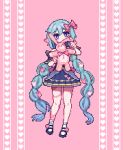  1girl absurdly_long_hair aqua_hair bare_legs blue_dress blue_eyes blue_footwear blush bow bowtie braid bright_pupils charon_universe commentary_request double-parted_bangs dress eris_(charon_universe) flower footwear_flower full_body hair_between_eyes hair_bow hair_ornament hands_up head_tilt heart heart_background highres holding holding_stuffed_toy leg_ribbon long_hair looking_at_viewer low_twin_braids mary_janes pink_background pink_bow pink_bowtie pink_flower pixel_art rabbit_hair_ornament raised_eyebrows ribbon sechy shoes short_dress simple_background socks solo standing stuffed_animal stuffed_rabbit stuffed_toy twin_braids very_long_hair white_pupils white_socks 