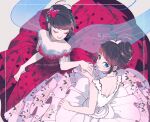  2girls bare_back black_hair blue_eyes closed_eyes dress hair_bun highres holding_hands jewelry marinette_dupain-cheng miraculous_ladybug multiple_girls necklace red_dress seio_(nao_miragggcc45) smile white_dress 