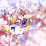  :o arm_up blue_eyes blue_pupils blurry blurry_foreground blush commentary_request flower jirachi looking_at_viewer no_humans open_mouth pink_flower pokemon pokemon_(creature) sparkling_eyes suama_(haruichi) 