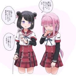 2girls black_hair blush cable covering_own_mouth double_bun hair_bun hand_over_own_mouth hitachi_magic_wand holding holding_sex_toy kamihama_university_affiliated_school_uniform kuroe_(madoka_magica) magia_record:_mahou_shoujo_madoka_magica_gaiden mahou_shoujo_madoka_magica multiple_girls pink_hair school_uniform sex_toy side_up_bun tamaki_iroha translated usagikoya vibrator 