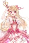  1girl absurdres blonde_hair bloomers chaos_marie_(grimms_notes) frills grimms_notes hair_ribbon highres holding holding_wand holding_weapon kamimura_(moz29258939) long_hair open_mouth pink_eyes ribbon simple_background solo wand weapon white_background 