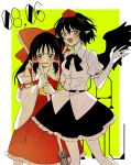  2girls ascot bird_wings black_bow black_bowtie black_eyes black_hair black_skirt black_wings blush bow bowtie broom collared_shirt commentary_request dated detached_sleeves english_text frilled_bow frilled_hair_tubes frills hair_bow hair_tubes hakurei_reimu hand_on_another&#039;s_shoulder hat highres holding holding_broom long_hair mori777se multiple_girls open_mouth pointy_ears red_bow red_eyes red_hat red_skirt shameimaru_aya shirt short_hair skirt skirt_set smile sweatdrop tokin_hat touhou white_shirt wings yellow_ascot 