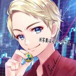  1boy blonde_hair blue_eyes chart closed_mouth collared_shirt commentary_request commission dress_shirt highres holding looking_at_viewer male_focus nose original portrait red_shirt shirt short_hair smile solo translation_request v-shaped_eyebrows very_short_hair yugaa 
