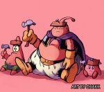  3boys absurdres artist_name cape chakkrx color_connection commentary_request crossover dragon_ball dragon_ball_z fat_buu frown hammer highres holding holding_hammer kirby kirby_(series) majin_buu male_focus multiple_boys multiple_crossover nail navel patrick_star pink_background plank purple_cape sitting spongebob_squarepants_(series) vest wood 
