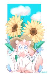  absurdres artist_name blue_eyes bow closed_mouth flower full_body hat highres leaf looking_at_viewer maaari_pkmn no_humans pink_fur pokemon pokemon_(creature) ribbon signature sitting smile solo sunflower sylveon two-tone_fur white_fur yellow_flower 