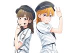  2girls \m/ back-to-back black_hat black_nails brown_eyes brown_hair commentary_request date_sayuri dress earrings hair_between_eyes hand_up hat headset highres jewelry looking_at_viewer love_live! love_live!_superstar!! medium_hair multiple_girls orange_hair parted_lips puffy_short_sleeves puffy_sleeves ring second_sparkle shibuya_kanon short_sleeves standing swept_bangs upper_body violet_eyes voice_actor voice_actor_connection wabe417 white_background white_dress zipper 