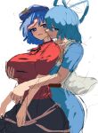  2girls absurdres black_skirt blue_dress blue_eyes blue_hair breasts dress grabbing grabbing_another&#039;s_breast hair_ribbon highres kaku_seiga large_breasts looking_at_viewer miyako_yoshika moriforest1040 multiple_girls open_mouth red_shirt ribbon shirt short_hair simple_background sketch skirt touhou unfinished vest white_background white_vest 