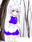  1girl apron bare_tree bloomers blue_eyes blue_skirt blue_vest closed_mouth commentary_request hat lapel_pin letty_whiterock long_sleeves lowres medinki no_nose official_style outdoors purple_hair short_hair skirt skirt_set smile snow solo standing touhou tree vest waist_apron white_apron white_bloomers white_hat winter zun_(style) 