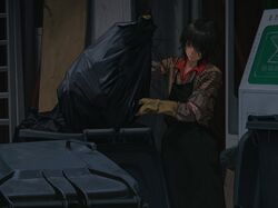  1girl androgynous apron arm_up black_hair black_pants commentary gloves hair_over_one_eye highres holding ladder long_sleeves original outdoors pants parted_lips shirt short_hair solo standing striped_clothes striped_shirt symbol-only_commentary trash_bag trash_can wang-xi yellow_gloves 