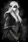  1girl ashi_(dongshi389) bandaged_arm bandages black_cape black_capelet cape capelet closed_mouth commentary_request dark_background dark_souls_(series) dark_souls_iii dress fire_keeper grey_dress grey_hair grey_shirt hair_over_shoulder highres long_hair pale_skin shirt solo standing 