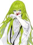  1other androgynous blood blood_on_clothes blood_on_face blood_on_hands enkidu_(fate) expressionless fate/grand_order fate_(series) green_hair hair_between_eyes highres kingu_(fate) long_hair nonobe9781 robe simple_background solo upper_body very_long_hair violet_eyes white_background white_robe wiping_blood wiping_face 