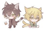  2boys animal_ears annoyed bad_id bad_pixiv_id bandaged_tail bell black_hair black_shirt blonde_hair brown_coat brown_hair cat_boy cat_ears cat_tail chibi cigarette closed_mouth coat dual_persona eyepatch frown full_body green_eyes green_jacket hair_between_eyes hands_in_pockets jacket kemonomimi_mode long_sleeves looking_at_viewer male_focus medical_eyepatch meremero mouth_hold multicolored_hair multiple_boys neck_bell scar scar_on_face shirt short_hair simple_background sitting slow_damage smoking tail tail_wagging towa_(slow_damage) white_background 