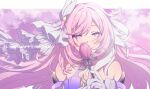  1girl bare_shoulders breasts character_name closed_mouth detached_sleeves elysia_(herrscher_of_human:ego)_(honkai_impact) elysia_(honkai_impact) flower gloves hair_between_eyes happy_birthday holding holding_flower honkai_(series) honkai_impact_3rd long_hair looking_at_viewer pink_eyes pink_hair pink_sky sky soha_ez solo triquetra tulip white_gloves white_veil 