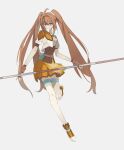  1girl ahoge antenna_hair breasts brown_hair cropped_jacket eiyuu_densetsu estelle_bright floating_hair full_body george_man hair_between_eyes hajimari_no_kiseki highres holding holding_staff holding_weapon long_hair looking_at_viewer red_eyes sen_no_kiseki shoes simple_background skirt small_breasts smile sneakers solo staff tachi-e thigh-highs twintails very_long_hair weapon white_background 