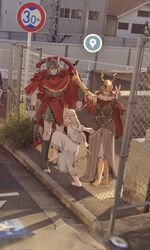  1girl 2boys armor barefoot blonde_hair braid chain-link_fence chainmail double_v elden_ring fence google_maps helmet high_school_girls_posing_for_google_street_view_(meme) highres leg_armor long_hair malenia_blade_of_miquella meme messmer_the_impaler miquella_(elden_ring) multiple_boys oredcchi prosthesis prosthetic_arm red_robe robe snake standing standing_on_one_leg v winged_helmet 