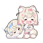  2girls =_= animal_ear_fluff animal_ears arm_warmers bandaid bandaid_hair_ornament belt blonde_hair blue_hair blue_hairband blush_stickers chibi chibi_only commentary covering_own_mouth cropped_shirt crossed_bangs dog_ears dog_girl dog_tail double-parted_bangs english_commentary fake_horns frilled_shorts frills full_body fuwawa_abyssgard fuwawa_abyssgard_(1st_costume) hair_between_eyes hair_ornament hairband hairclip hand_over_own_mouth highres hololive hololive_english horn_hairband horns long_hair mococo_abyssgard mococo_abyssgard_(1st_costume) multicolored_hair multiple_girls pink_belt pink_hair pink_hairband shirt short_hair short_shorts shorts siblings simple_background sisters snowmya squeans streaked_hair t-shirt tail tail_around_another&#039;s_leg tail_wrap twins two_side_up virtual_youtuber waking_up white_background white_shirt white_shorts x_hair_ornament yawning 