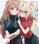  2girls :/ :o absurdres bespectacled black-framed_eyewear black_pants blonde_hair blue_eyes blue_hair blue_pants blue_sweater border breasts brown-framed_eyewear brown_hair closed_mouth commentary drop_shadow flower fujishima_megumi glasses gradient_hair grey_background hair_flower hair_ornament highres light_blue_hair link!_like!_love_live! long_hair looking_at_viewer love_live! medium_breasts mira-cra_park! multicolored_hair multiple_girls nagisa_iori open_mouth osawa_rurino outside_border pants parted_bangs pink_flower red_sweater ribbed_sweater short_sleeves sweater turtleneck turtleneck_sweater twintails two_side_up violet_eyes virtual_youtuber white_border 