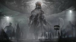  2others black_theme burger buttons coat commentary_request cover cover_page food giant giant_monster gloves halo hat kohata_(kohatazuke) light long_sleeves medium_hair monster multiple_others novel_cover original road_sign sign size_difference tree 