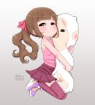  1girl artist_logo bare_arms bare_shoulders blush brown_eyes brown_hair camisole child closed_mouth commentary dakimakura_(object) english_commentary gradient_background grey_background hair_ribbon half-closed_eyes highres hugging_object long_hair looking_at_viewer miniskirt original pillow pink_camisole pinkbunnyjuice pleated_skirt purple_footwear red_ribbon red_skirt red_thighhighs ribbon shoes sidelocks skirt sneakers solo thigh-highs twintails 