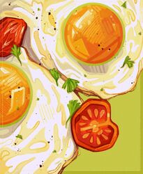  analogous_colors border breakfast commentary dried_pepper egg egg_(food) english_commentary film_grain food food_focus fried_egg green_background green_border hatching_(texture) highres inset_border no_humans original outside_border parsley pepper_(spice) quezify red_pepper simple_background still_life tomato tomato_slice vegetable yellow_border 