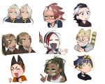  6+boys :3 angry animal_ears black_hair blonde_hair blue_eyes blue_hair blush brothers brown_hair burn_scar cat_boy cat_ears cat_tail chibi closed_eyes closed_mouth collared_shirt colored_inner_hair crossed_arms crying crying_with_eyes_open dark-skinned_male dark_skin dog_boy dog_ears dreadlocks ear_piercing fang freckles green_eyes green_hair hands_up highres long_hair looking_at_viewer male_focus multicolored_hair multiple_boys no_mouth open_mouth original piercing pointy_ears ponytail red_eyes redhead scar scar_on_face sharp_teeth shirt short_eyebrows short_hair siblings simple_background skin_fang slit_pupils streaked_hair tail tears teeth tentacle_hair tongue tongue_out twins upper_body v veins very_short_hair vest white_background white_hair yellow_eyes zzb_azz 