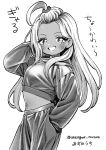  ahoge breasts crop_top cropped_hoodie dark-skinned_female dark_skin eyelashes greyscale grin gyaru highres hood hoodie lipstick long_hair makeup midriff mizuno_uchi monochrome navel navel_piercing original piercing simple_background small_breasts smile white_background 