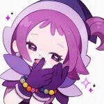  1girl :d commentary_request earrings gloves hands_up hat highres jewelry looking_at_viewer magical_girl ojamajo_doremi open_mouth purple_gloves purple_hair purple_hat segawa_onpu short_hair simple_background smile solo upper_body violet_eyes white_background witch_hat yukino_super 