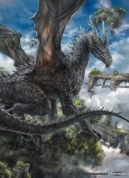  animal_focus blue_sky claws clouds cloudy_sky copyright_name day dragon floating_island force_of_will highres horns mad_(artist) monster moss no_humans official_art outdoors realistic rock sky solo spikes tail watermark western_dragon wings 