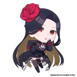  1girl belt black_belt black_footwear black_gloves black_hair blonde_hair breasts chibi colored_inner_hair commentary english_commentary fingerless_gloves flower full_body garter_straps gloves goddess_of_victory:_nikke hair_flower hair_ornament hand_on_own_hip hand_up highres large_breasts leaning_forward lock long_hair long_sleeves looking_at_viewer maiden_(nikke) multicolored_hair no_mask official_art red_eyes red_flower red_rose rose solo standing thigh-highs totatokeke 