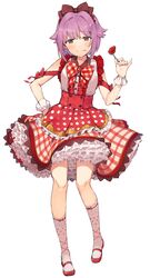  1girl bad_id bad_twitter_id bow bow_hairband bow_legwear bowtie brown_eyes closed_mouth food food_on_face footwear_bow fork frilled_shirt frilled_skirt frilled_socks frills fruit full_body hair_bow hair_flaps hairband hand_up high-waist_skirt highres holding holding_fork idol_clothes idolmaster idolmaster_cinderella_girls koshimizu_sachiko layered_skirt mary_janes plaid_clothes plaid_skirt polka_dot polka_dot_skirt purple_hair red_bow red_footwear red_skirt shirt shoes short_hair simple_background skirt sleeveless sleeveless_shirt socks solo strawberry tuxedo_de_cat white_background white_socks wrist_cuffs 