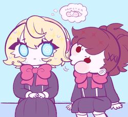  2girls @_@ aegis_(persona) android black_shirt black_skirt blonde_hair blue_background blue_eyes blush bow brown_hair chibi day-aannee eating_hair english_text eyelashes gekkoukan_high_school_uniform hair_in_another&#039;s_mouth hair_ornament hairband hairclip hamster hands_on_own_thighs highres long_sleeves looking_at_another looking_to_the_side multiple_girls nervous_sweating persona persona_3 ponytail red_bow ribbon robot_ears roman_numeral school_uniform shiomi_kotone shirt short_hair sitting skirt solid_circle_eyes sweat thought_bubble x 