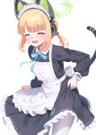  1girl ^_^ absurdres blonde_hair blue_archive cat_tail closed_eyes fake_tail green_halo halo highres maid maid_headdress midori_(blue_archive) midori_(maid)_(blue_archive) official_alternate_costume open_mouth short_hair simple_background smile solo sonao tail white_background 