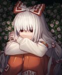  1girl blunt_bangs bow bush c_i_an commentary_request feet_out_of_frame flower fujiwara_no_mokou hair_bow highres hugging_own_legs juliet_sleeves long_hair long_sleeves looking_at_viewer medium_bangs multiple_hair_bows ofuda ofuda_on_clothes orange_pants pants pink_flower puffy_sleeves red_eyes shirt sidelocks sitting solo touhou white_bow white_hair white_shirt 