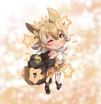  1girl animal_ears belt blonde_hair boots brown_background camisole coroha coyote_(kemono_friends) extra_ears full_body gloves jacket japari_symbol kemono_friends kemono_friends_v_project looking_at_viewer looking_back one_eye_closed short_hair simple_background skirt solo tail thigh-highs virtual_youtuber wolf_ears wolf_girl wolf_tail yellow_eyes 