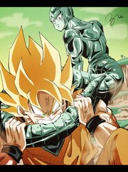  2boys biting biting_another&#039;s_tail blonde_hair commentary_request dougi dragon_ball dragon_ball_z film_grain frown green_eyes green_sky highres letterboxed male_focus meta-cooler multiple_boys red_eyes robot ruto830 scene_reference signature sky son_goku super_saiyan super_saiyan_1 tail wristband 