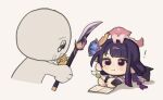  ! 1girl animal_ears animal_on_head blunt_bangs book braid closed_mouth dango food genshin_impact hair_ornament holding holding_food japanese_clothes long_hair looking_at_viewer lying mole mole_under_eye nonons on_head on_stomach open_mouth purple_hair raiden_shogun simple_background single_braid tail tearing_up tears viewer violet_eyes wagashi weapon yae_miko yae_miko_(fox) 