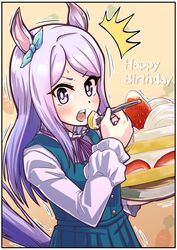  1girl :o animal_ears cake commentary dress food fork green_dress happy_birthday highres holding holding_fork horse_ears horse_girl horse_tail horyuu long_hair long_sleeves mejiro_mcqueen_(umamusume) neck_ribbon pinafore_dress purple_hair purple_ribbon ribbon shirt sleeveless sleeveless_dress solo strawberry_shortcake tail umamusume violet_eyes white_shirt 