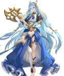  1girl axe azura_(fire_emblem) azura_(song&#039;s_reflection)_(fire_emblem) barefoot black_gloves blue_cape blue_hair blue_sash cape corrin_(female)_(fire_emblem) corrin_(female)_(fire_emblem)_(cosplay) corrin_(fire_emblem) cosplay dragon_horns fake_horns fingerless_gloves fire_emblem fire_emblem_fates fire_emblem_heroes gloves headdress highres holding holding_axe horns lace-trimmed_cape long_hair looking_at_viewer non-web_source official_alternate_costume official_art sash single_leg_pantyhose smile solo tachi-e thighlet very_long_hair waist_cape yellow_eyes 