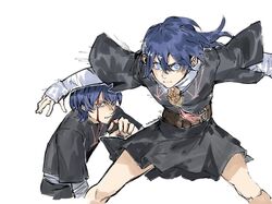  1boy 1girl aged_down arm_support belt black_shirt black_skirt blood blood_on_face blood_on_hands blue_eyes blue_hair brown_belt byleth_(female)_(fire_emblem) byleth_(fire_emblem) byleth_(male)_(fire_emblem) child clenched_teeth closed_mouth commentary cropped_torso dark_blue_hair dual_persona english_commentary fire_emblem fire_emblem:_three_houses hand_up injury layered_clothes layered_sleeves long_sleeves looking_at_viewer motion_lines outstretched_arms serious shirt short_over_long_sleeves short_sleeves sketch skirt tassel teeth twitter_username undershirt white_background white_shirt wide_sleeves yourfreakyneighbourh 