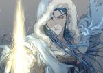  1boy bags_under_eyes blue_hair casting_spell cloak closed_mouth collarbone cu_chulainn_(caster)_(fate) cu_chulainn_(fate) earrings fate/grand_order fate_(series) fur-trimmed_cloak fur_trim glowing grey_background highres hood hood_up hooded_cloak jewelry light_particles long_hair looking_at_viewer male_focus red_eyes shiso_i4 solo 