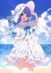  1girl :d arm_up beach blue_bow blue_eyes blue_hair blue_sky blush bow clouds dress frilled_dress frills hand_on_headwear hat hat_bow holding holding_clothes holding_dress horizon indie_virtual_youtuber looking_at_viewer mamyouda ocean outdoors puffy_short_sleeves puffy_sleeves sailor_collar short_sleeves sky smile solo standing striped_bow sun_hat uriri_(vtuber) virtual_youtuber white_bow white_dress white_hat white_sailor_collar 