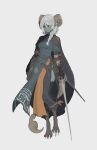  1girl absurdres animal_legs braid breasts colored_sclera colored_skin full_body grey_skin highres horns medium_breasts pathfinder rapier red_sclera scorpion_tail sheep_horns side_slit solo somersaultdropkick sword tail tiefling weapon white_background white_hair yellow_eyes 