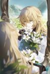  1boy absurdres black_gloves blonde_hair blue_sky blurry blurry_foreground bud clouds commentary_request day fence flower gloves grass green_eyes hair_between_eyes hair_intakes hand_up highres holding holding_flower honkai:_star_rail honkai_(series) leleyoukuailele long_hair long_sleeves luocha_(honkai:_star_rail) male_focus mirror outdoors parted_lips picket_fence reflection sidelocks sky smelling_flower solo tree white_flower wooden_fence 