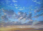  above_clouds absurdres blue_sky clouds cloudy_sky day highres naoya_ohtani no_humans orange_sky original painting_(medium) realistic scenery shadow sky sky_focus sunset traditional_media 