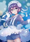  1girl :d asukaru_(magika_ru) blue_dress blush bubble_background candy_hair_ornament commission double-parted_bangs dress food-themed_hair_ornament frilled_skirt frills glasses gloves hair_ornament hidamari_sketch highres looking_at_viewer neck_ribbon ribbon sae_(hidamari_sketch) sailor_collar short_hair shorts shorts_under_skirt skirt smile solo violet_eyes white_gloves 