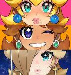  3girls aqua_eyes blonde_hair blue_eyes brown_hair close-up commentary dancho_no_mori earrings english_commentary gem green_gemstone hair_over_one_eye highres jewelry lipstick looking_at_viewer makeup multiple_girls one_eye_closed orange_background parted_lips pink_background princess_daisy princess_peach rosalina sky star_(sky) star_(symbol) star_earrings starry_sky super_mario_bros. super_mario_galaxy 