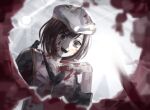  1girl black_shirt blood blood_on_clothes blood_on_face brown_eyes brown_hair hat highres light limbus_company looking_at_viewer open_mouth project_moon project_sekai rahthelathe shinonome_ena shirt short_hair solo 