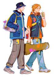  2boys absurdres arm_up bag bag_charm belt blue_hat blue_pants bracelet brown_eyes brown_hair bucket_hat can cargo_pants carrying_case charm_(object) chest_strap closed_mouth collared_jacket collared_shirt commentary cup denim disposable_cup drink drink_can drinking_straw ear_piercing earrings english_commentary eye_contact full_body grey_eyes grey_footwear grey_hair grey_pants guitar_case hanamura_yousuke hand_in_pocket hat headphones headphones_around_neck highres holding holding_bag holding_can holding_drink hood hood_down hoodie instrument_case jack_frost_(megami_tensei) jacket jeans jewelry lanyard layered_clothes lilpong2 looking_at_another male_focus multicolored_clothes multicolored_jacket multiple_boys multiple_earrings narukami_yuu open_collar open_mouth orange_hoodie pants persona persona_4 piercing shirt shoes short_sleeves shoulder_bag simple_background sleeveless sleeveless_shirt smile soda_can white_background white_footwear yellow_belt yellow_shirt 